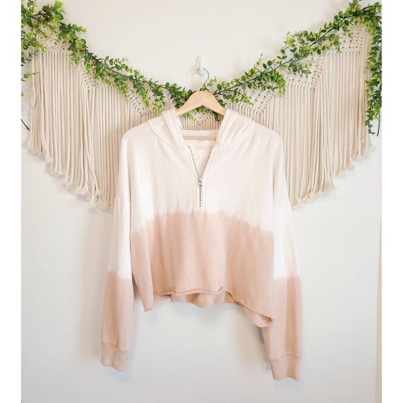 aerie Sweaters - Aerie Cropped Quarter Zip Ombre Long Sleeve Raw Hem Relaxed Hoodie, Size Medium